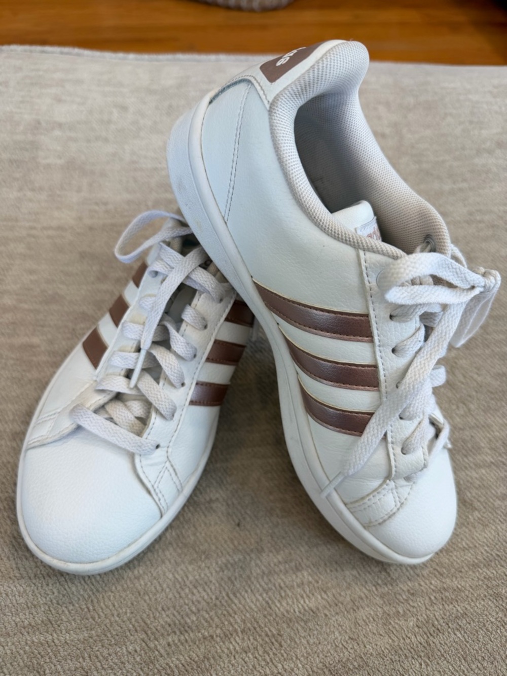 adidas White Sneakers with Metallic Rose Accents